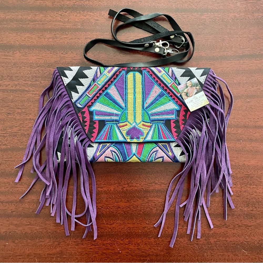 NWT Fair Trade Boho Fringe Suede Embroidered Handmade Clutch with Should…